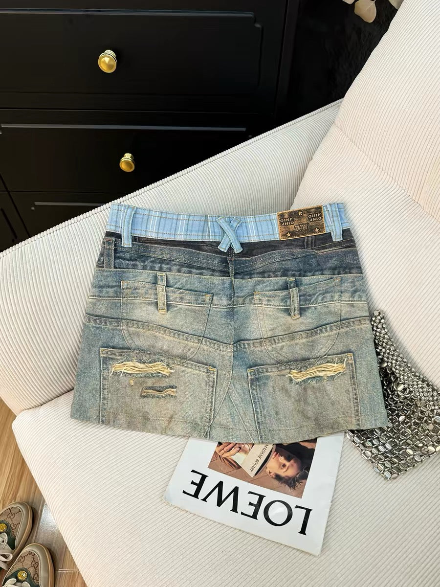 2026 Summer High-Waisted A-Line Slim Fit Denim Mini Skirt for Women - Fashionable and Unique Distressed Plaid Denim Mini Skirt