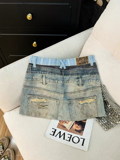 2026 Summer High-Waisted A-Line Slim Fit Denim Mini Skirt for Women - Fashionable and Unique Distressed Plaid Denim Mini Skirt
