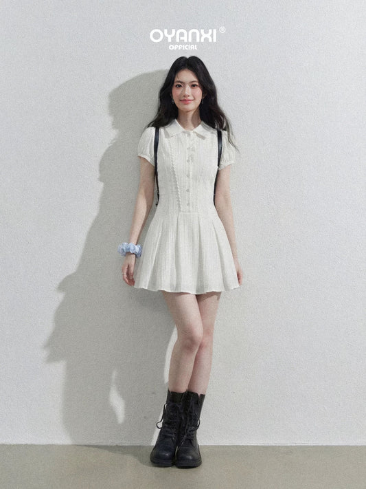 Ouyang happy's "Love in the City: White Moonlight" - College Style Collared White Puff Sleeve Shirt Dress for Women - Summer Short Skirt