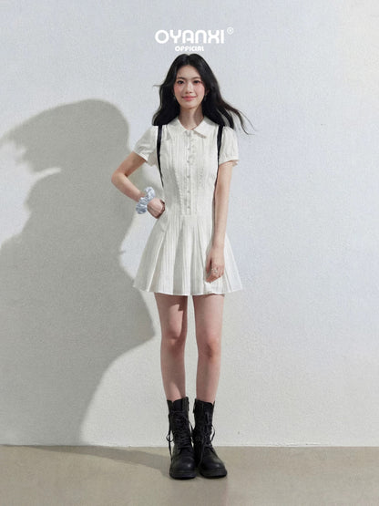 Ouyang happy's "Love in the City: White Moonlight" - College Style Collared White Puff Sleeve Shirt Dress for Women - Summer Short Skirt