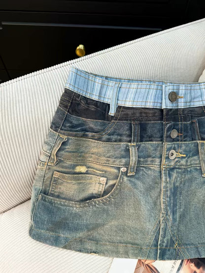2026 Summer High-Waisted A-Line Slim Fit Denim Mini Skirt for Women - Fashionable and Unique Distressed Plaid Denim Mini Skirt