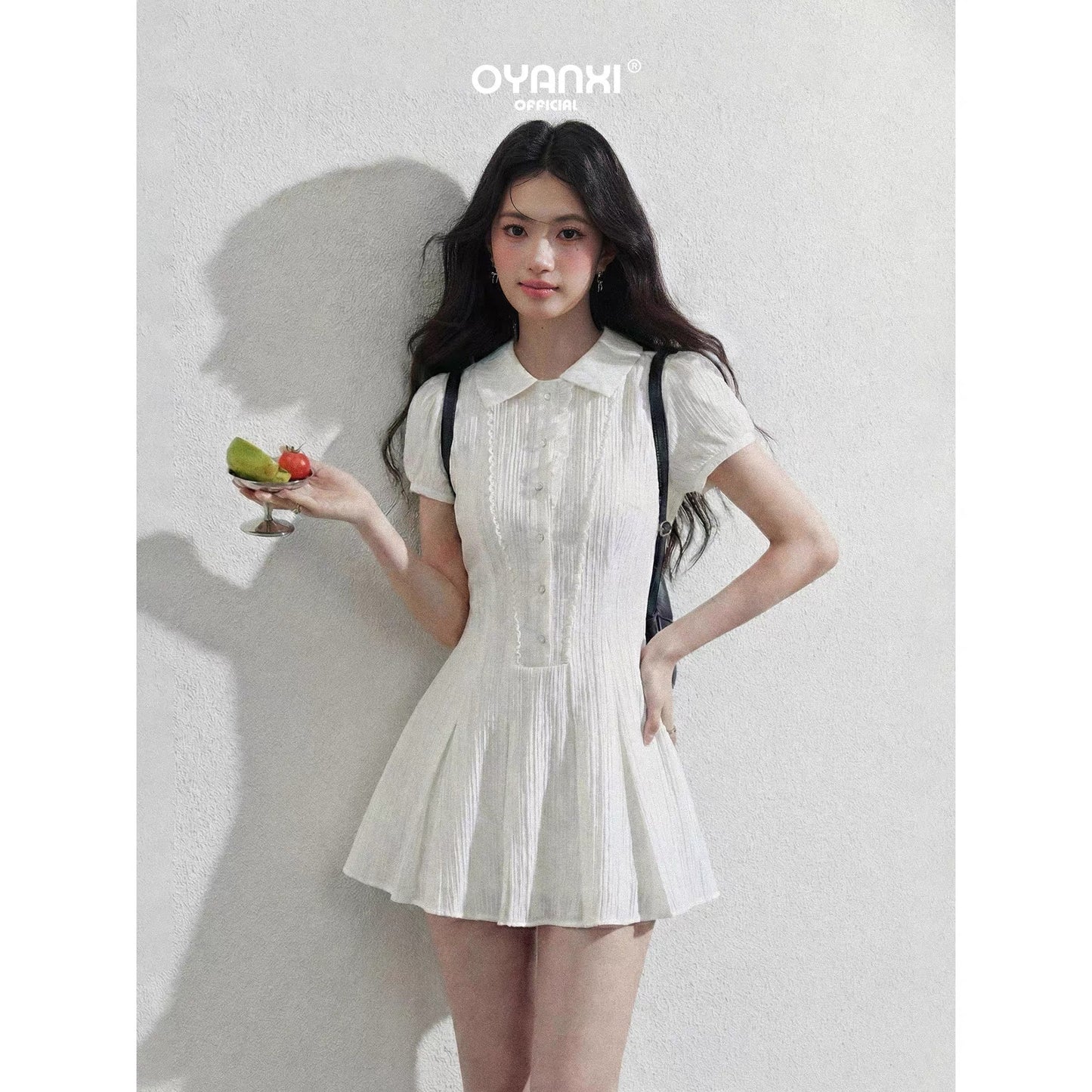 Ouyang happy's "Love in the City: White Moonlight" - College Style Collared White Puff Sleeve Shirt Dress for Women - Summer Short Skirt