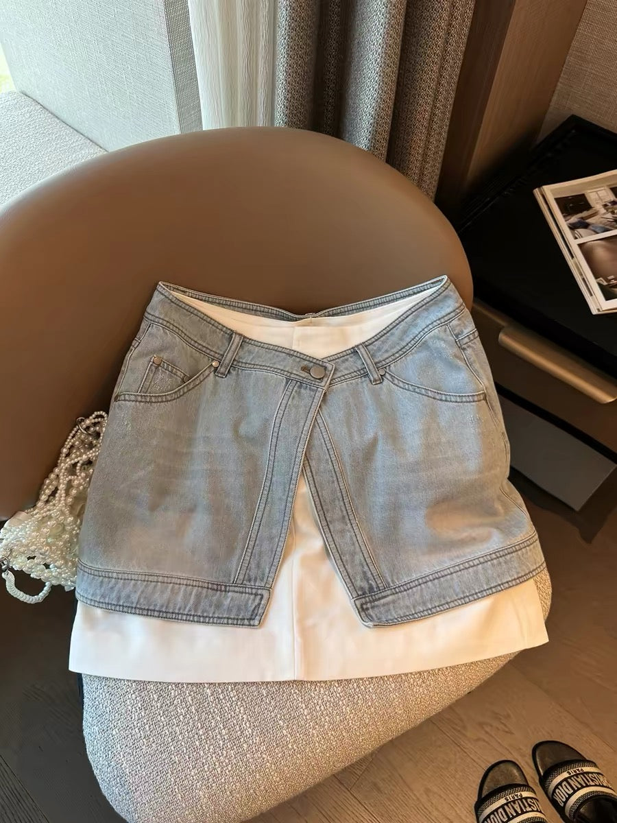 Women's A-line denim midi skirt with a two-piece design, a new summer 2026 style. A popular trend this year.