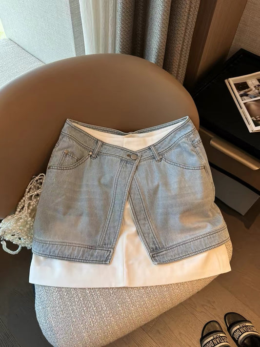 Women's A-line denim midi skirt with a two-piece design, a new summer 2026 style. A popular trend this year.