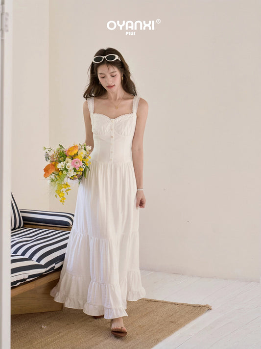 Ouyang Xi's "Love's Destiny" Plus-Size Vacation Style Sundress for Women, Sleeveless Flowing White Dress