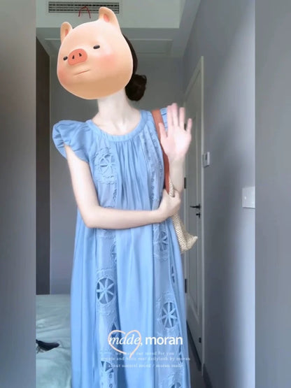 French tea break elegant embroidered dress with small flying sleeves for women in summer gentle blue loose relaxed holiday long skirt