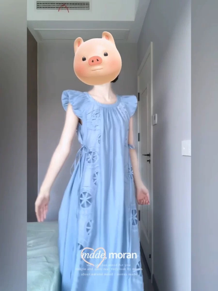 French tea break elegant embroidered dress with small flying sleeves for women in summer gentle blue loose relaxed holiday long skirt