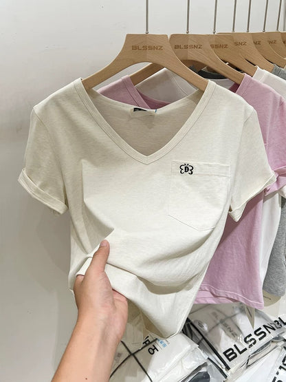 Apricot embroidered V-neck right shoulder short-sleeved T-shirt for women loose and slim 2024 new summer niche unique top