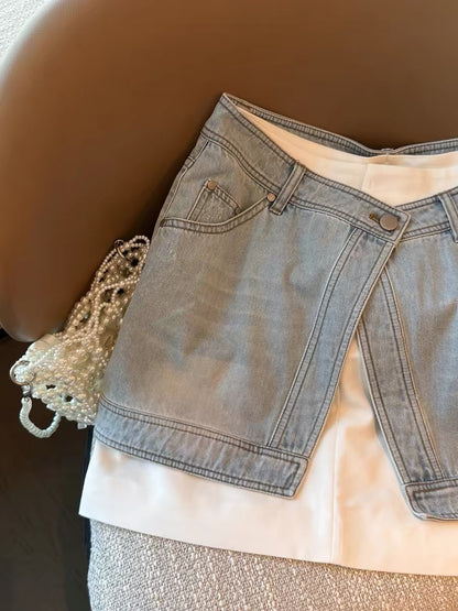 Women's A-line denim midi skirt with a two-piece design, a new summer 2026 style. A popular trend this year.