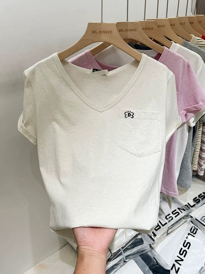 Apricot embroidered V-neck right shoulder short-sleeved T-shirt for women loose and slim 2024 new summer niche unique top