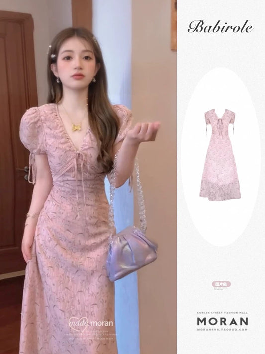 French tea break gentle style pink floral V-neck dress female summer new waist temperament beautiful long skirt