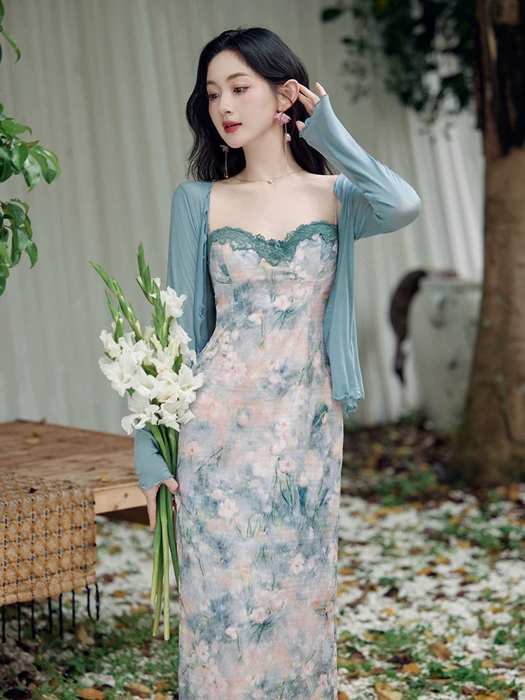 Super nice-looking high-end French dress for women. Summer romantic pure lust style lace splicing suspender skirt cardigan two-piece set