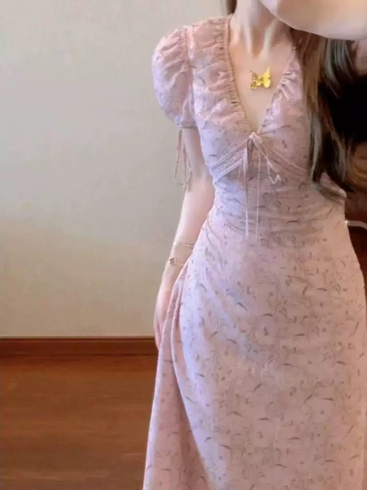 French tea break gentle style pink floral V-neck dress female summer new waist temperament beautiful long skirt