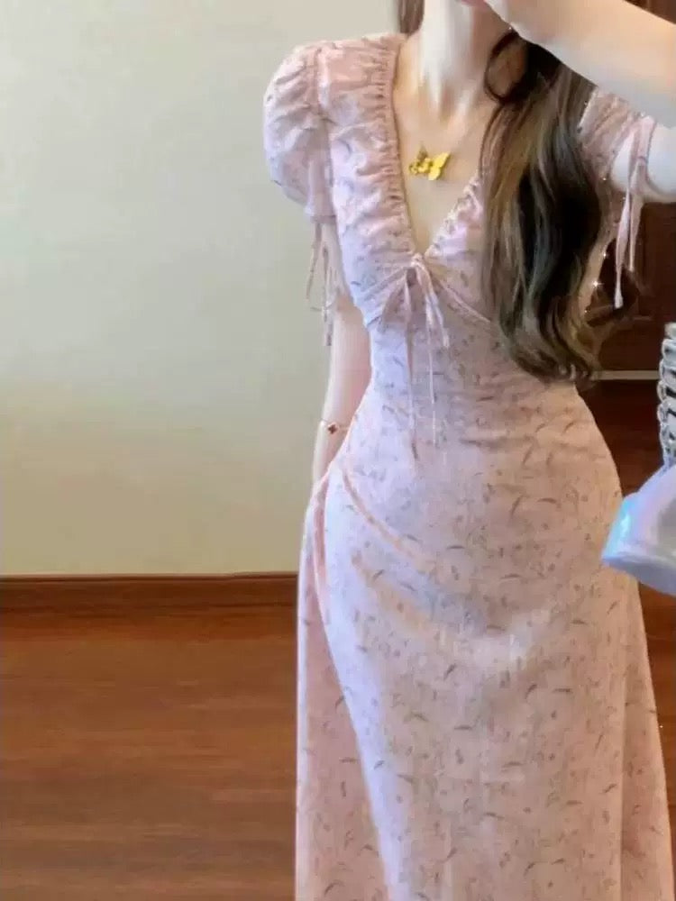 French tea break gentle style pink floral V-neck dress female summer new waist temperament beautiful long skirt