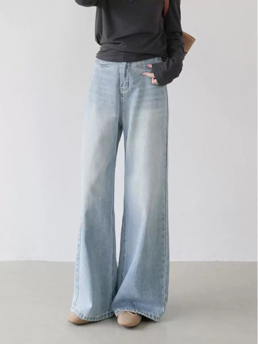 High waist slim washed wide leg pants women's summer casual loose mopping jeans long pants Korean straight pants women