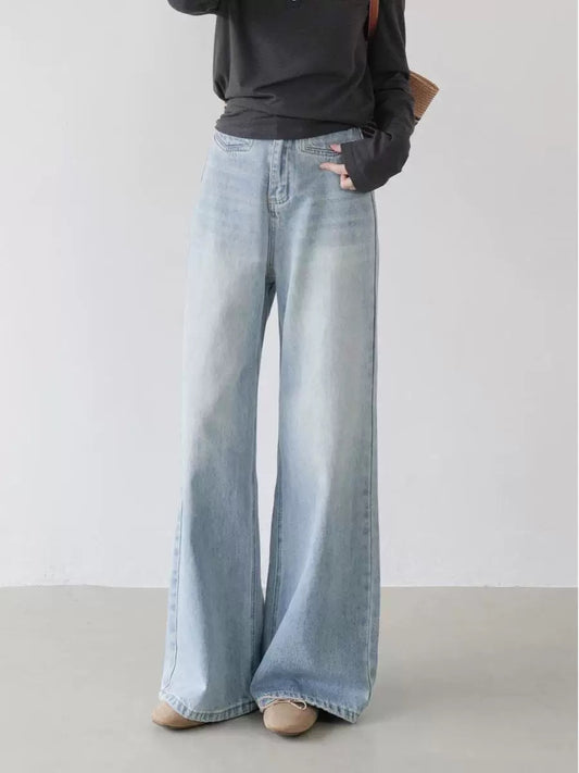 High waist slim washed wide leg pants women's summer casual loose mopping jeans long pants Korean straight pants women