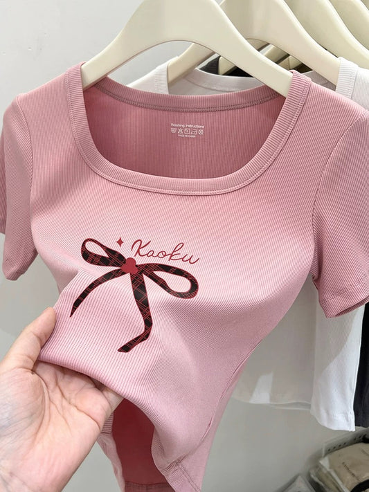 Pink square neck bow right shoulder short sleeve t-shirt for women 2024 new summer pure cotton sweet temperament short top