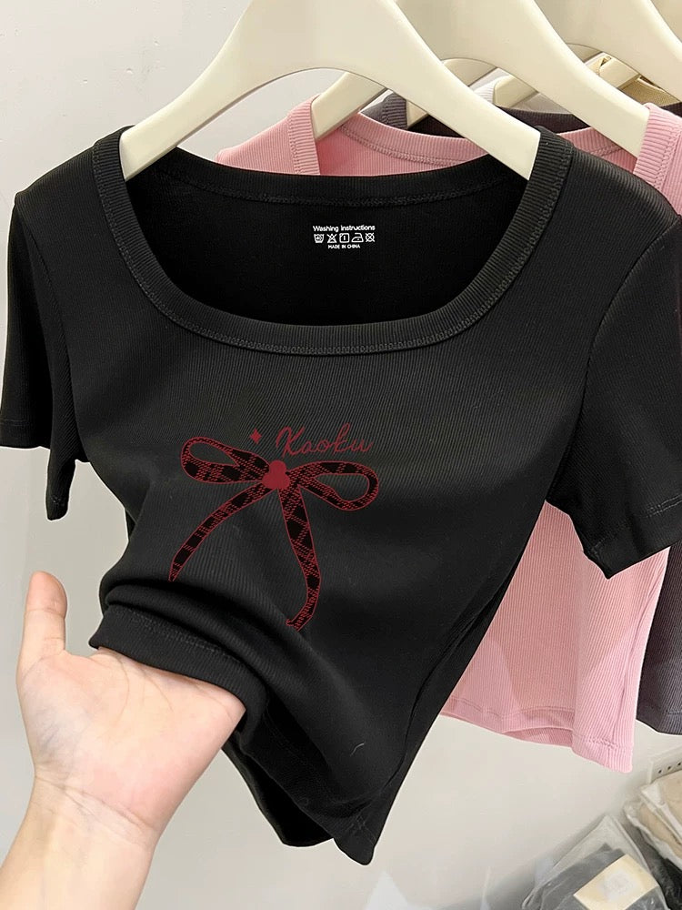 Pink square neck bow right shoulder short sleeve t-shirt for women 2024 new summer pure cotton sweet temperament short top