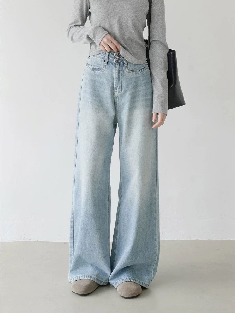 High waist slim washed wide leg pants women's summer casual loose mopping jeans long pants Korean straight pants women