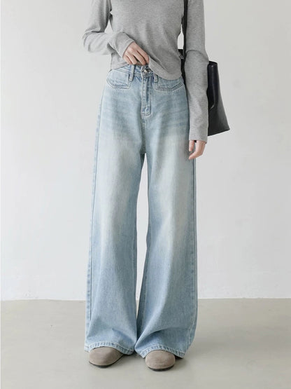 High waist slim washed wide leg pants women's summer casual loose mopping jeans long pants Korean straight pants women