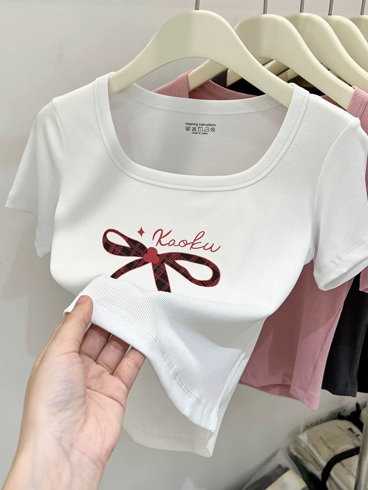 Pink square neck bow right shoulder short sleeve t-shirt for women 2024 new summer pure cotton sweet temperament short top