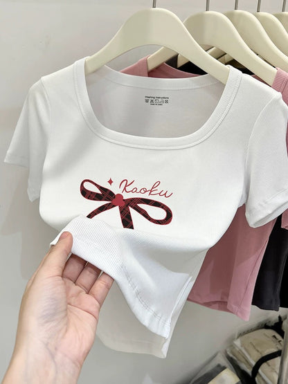 Pink square neck bow right shoulder short sleeve t-shirt for women 2024 new summer pure cotton sweet temperament short top