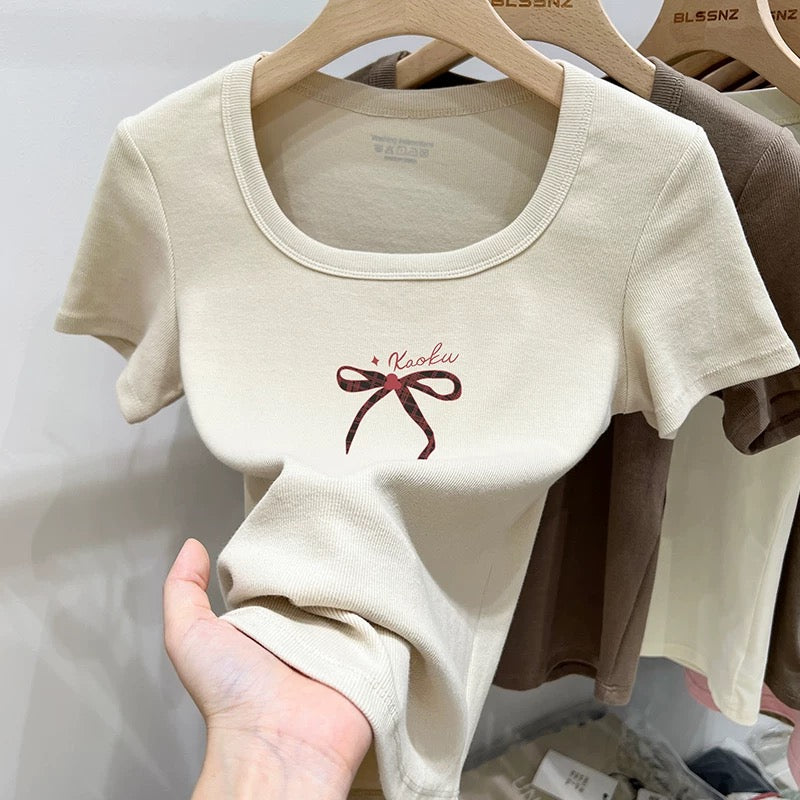 Pink square neck bow right shoulder short sleeve t-shirt for women 2024 new summer pure cotton sweet temperament short top