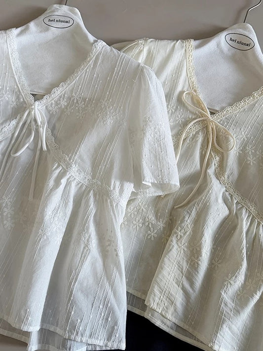 [In Stock] Lace V-neck Sweet Tie-up Shirt Women's New Short-sleeved Personalized Versatile Pure Cardigan Top