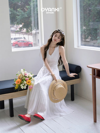 Ouyang happy's "Japanese Anime Stamp" White Dress for Women, Summer 2026 New Style, French High-End Elegant Long Dress