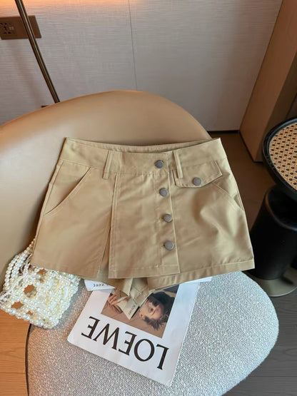 2026 Summer Korean Style High-End Unique Chic Skirt Pants - Absolutely Stunning and Elegant: Khaki Low-Waisted Hot Pants