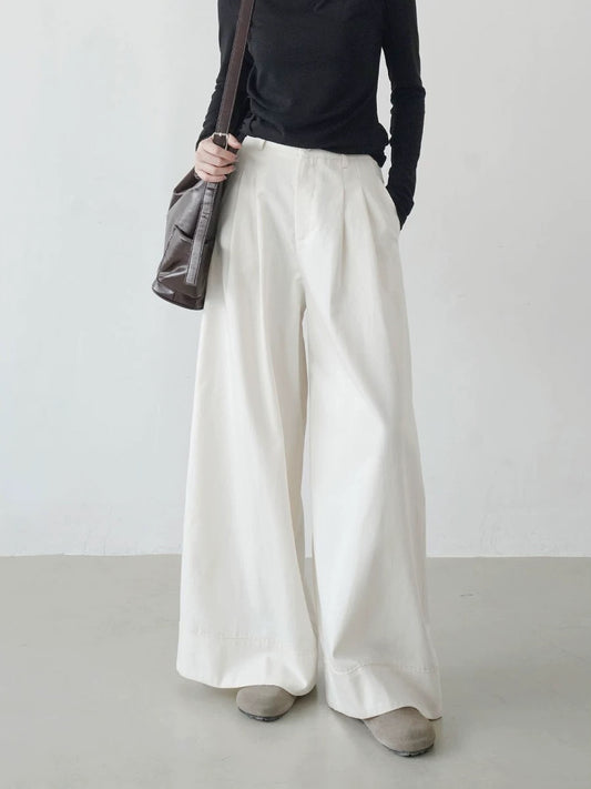 2025 early autumn new high waist straight pants women's loose slim casual wide leg long pants design sense ladies simple