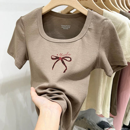 Pink square neck bow right shoulder short sleeve t-shirt for women 2024 new summer pure cotton sweet temperament short top