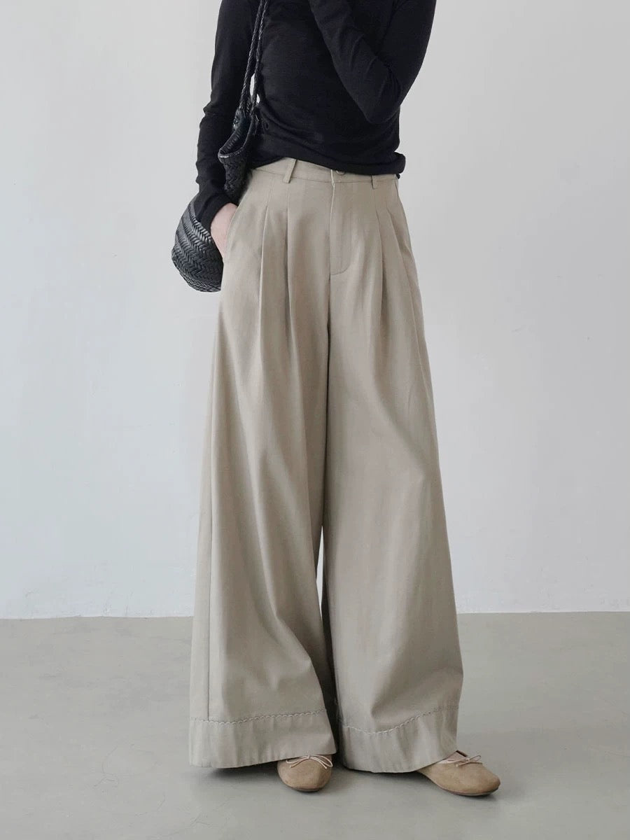 2025 early autumn new high waist straight pants women's loose slim casual wide leg long pants design sense ladies simple