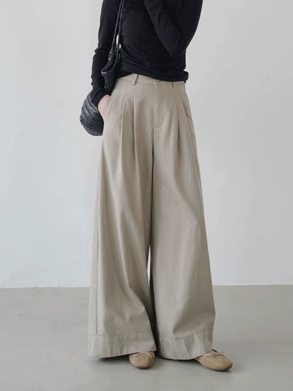 2025 early autumn new high waist straight pants women's loose slim casual wide leg long pants design sense ladies simple