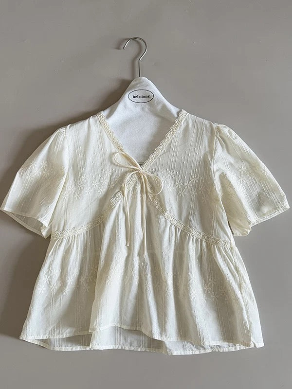 [In Stock] Lace V-neck Sweet Tie-up Shirt Women's New Short-sleeved Personalized Versatile Pure Cardigan Top