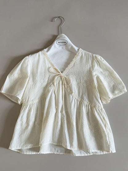 [In Stock] Lace V-neck Sweet Tie-up Shirt Women's New Short-sleeved Personalized Versatile Pure Cardigan Top