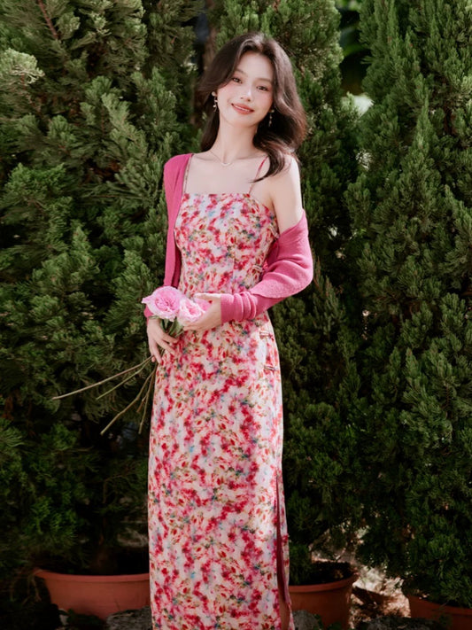 French retro style floral suspender dress with waist, sweet and spicy hip-covering long skirt new summer style