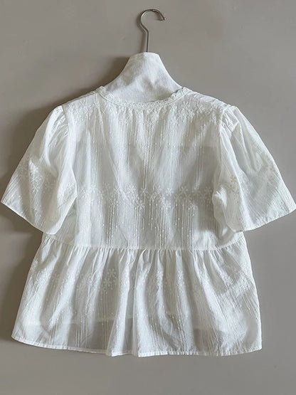 [In Stock] Lace V-neck Sweet Tie-up Shirt Women's New Short-sleeved Personalized Versatile Pure Cardigan Top