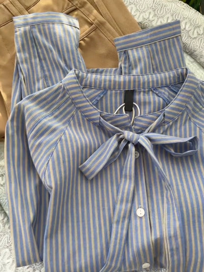 Retro blue striped bow blouse for women, spring commuting, stylish design, petite French style long-sleeved top