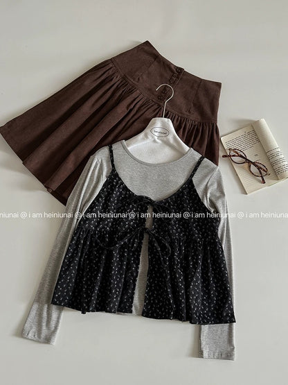Solid color, simple and versatile base layer T-shirt, 2025 autumn new women's clothing floral tie-up cardigan camisole trendy
