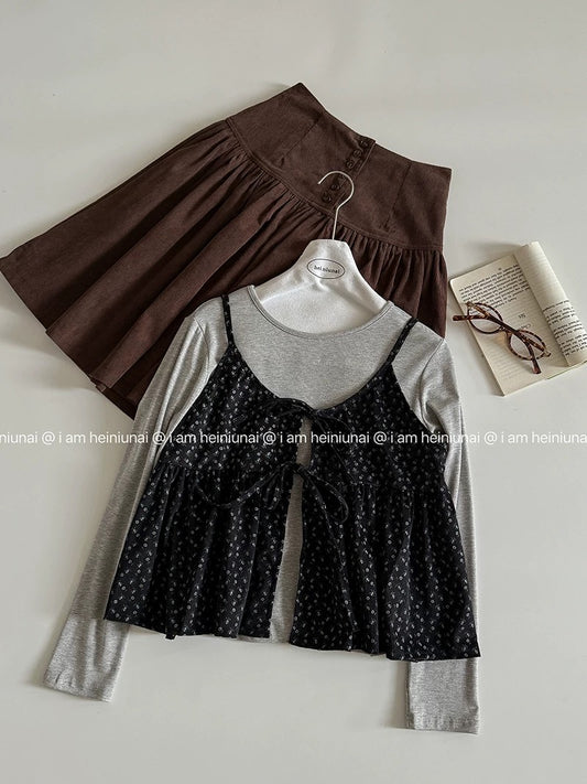 Solid color, simple and versatile base layer T-shirt, 2025 autumn new women's clothing floral tie-up cardigan camisole trendy