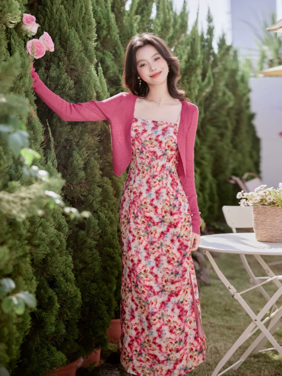 French retro style floral suspender dress with waist, sweet and spicy hip-covering long skirt new summer style