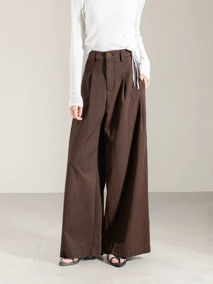 2025 autumn new style temperament retro high waist coffee color wide leg pants trousers women spring and autumn loose slim straight pants