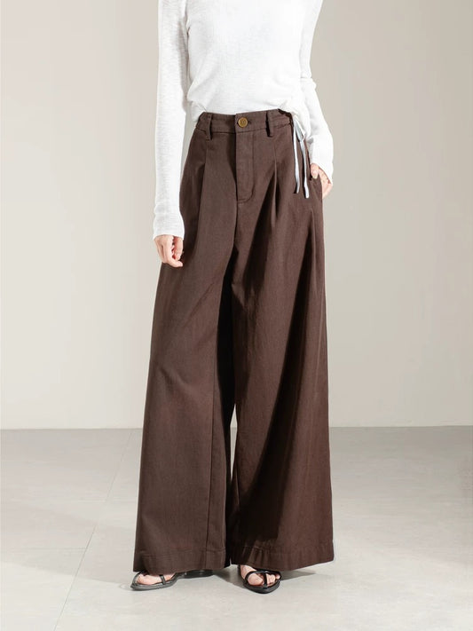 2025 autumn new style temperament retro high waist coffee color wide leg pants trousers women spring and autumn loose slim straight pants