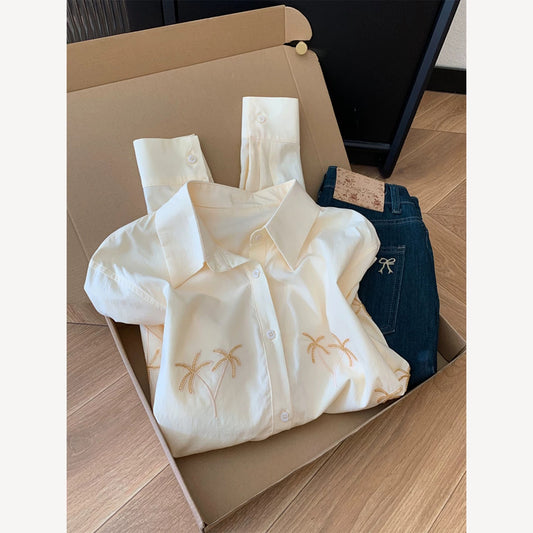 Kiss Allow Yellow 3D Embroidered Polo Collar Shirt Women's Design Unique Shirt Loose Top Spring