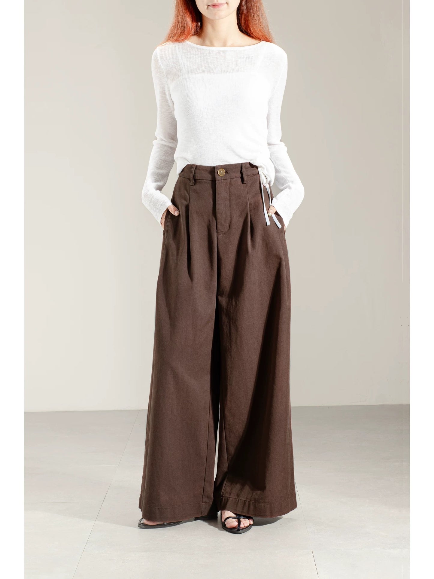 2025 autumn new style temperament retro high waist coffee color wide leg pants trousers women spring and autumn loose slim straight pants