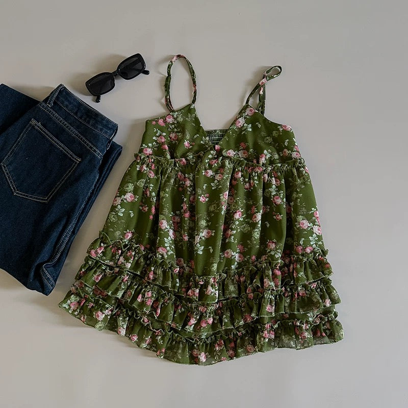 Sweet floral camisole with lace trim for women, perfect for summer vacation in 2025. Slim fit and stylish for outerwear.