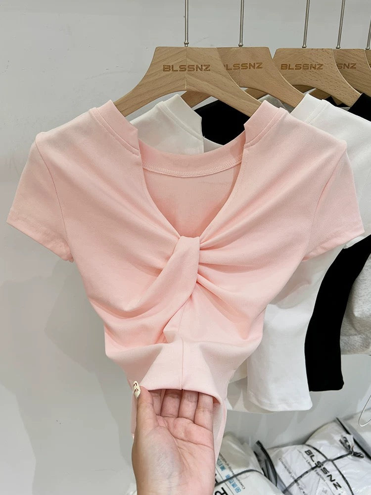 Pink cotton v-neck right shoulder short-sleeved t-shirt for women 2024 new summer design waist slim short top trendy