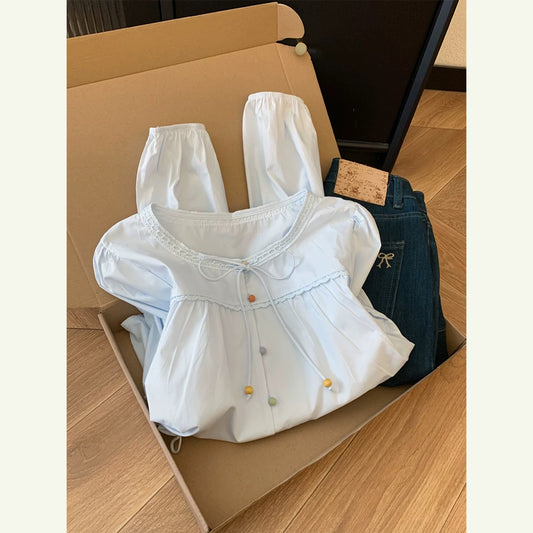 Kiss Allow Pure Cotton Blue Bow Tie Round Neck Button-Up Shirt Women's Unique Design Shirt Top Spring