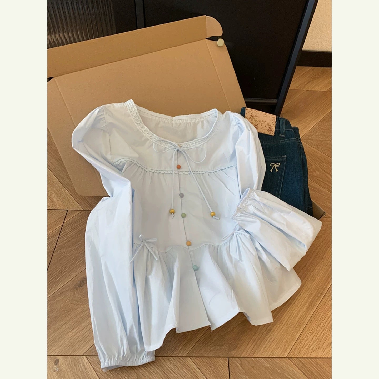 Kiss Allow Pure Cotton Blue Bow Tie Round Neck Button-Up Shirt Women's Unique Design Shirt Top Spring
